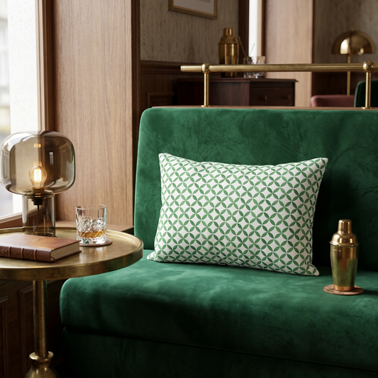 Coin Toss Chic lumbar pillow in a styled room