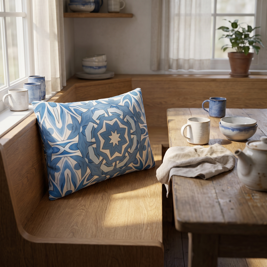 Delft Blue Star Tile lumbar pillow in a styled room