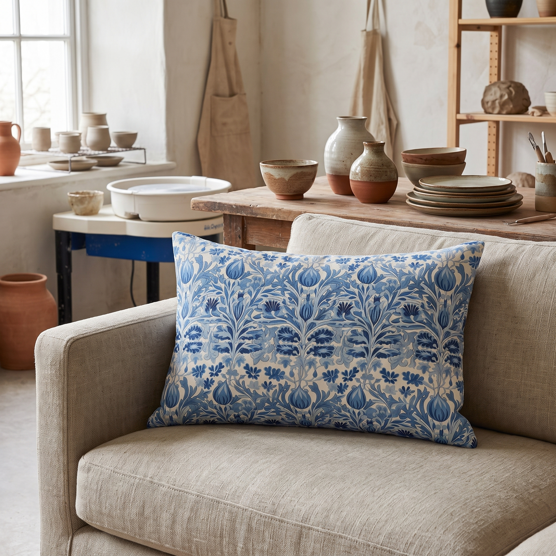 Dutch Blue Tulip lumbar pillow in a styled room