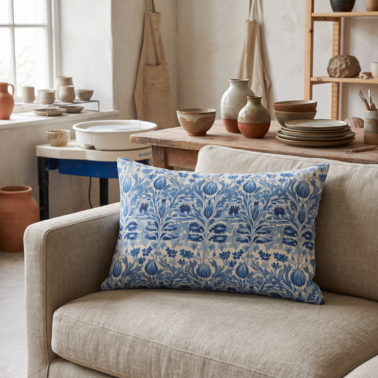 Dutch Blue Tulip lumbar pillow in a styled room