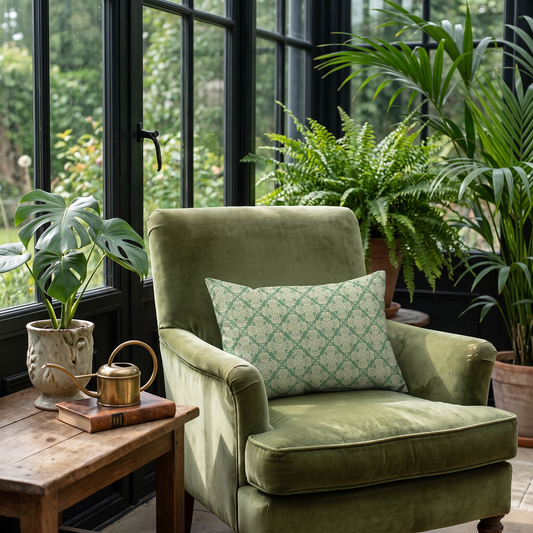 Emerald Flourish lumbar pillow in a styled room