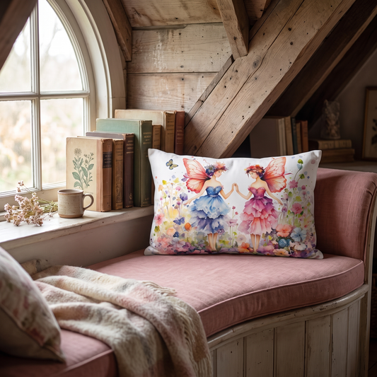 Enchanted Fairy Meadow lumbar pillow in a styled room
