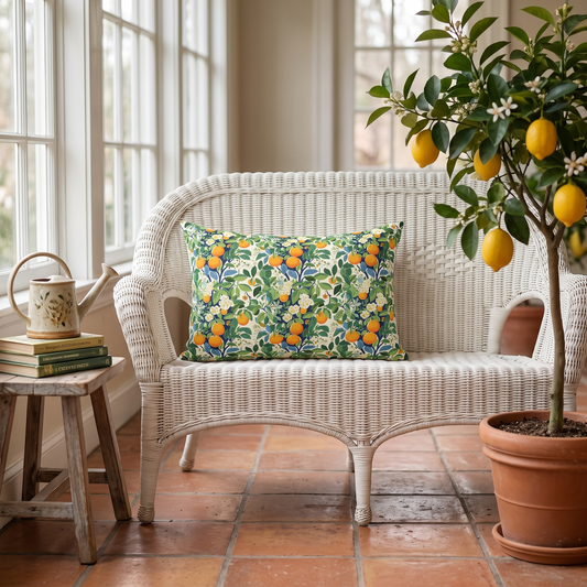 Happy Oranges & Blossoms lumbar pillow in a styled room