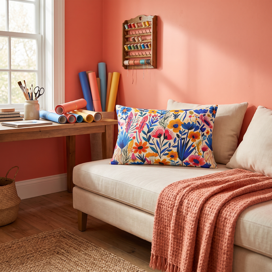 Happy Heartfelt Blooms lumbar pillow in a styled room