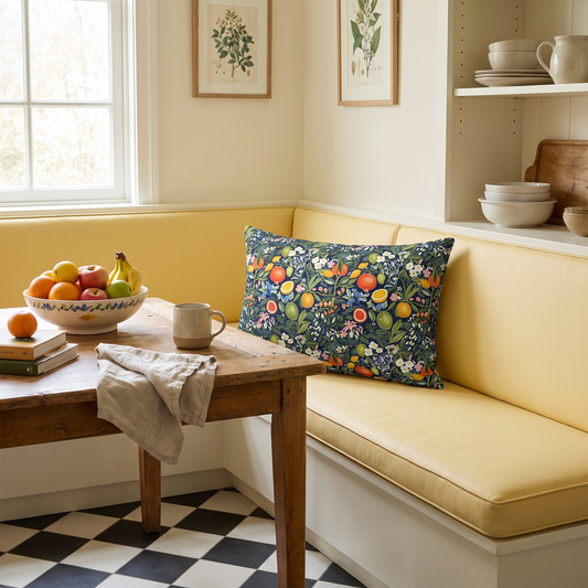 Magical Fruitiness lumbar pillow in a styled room