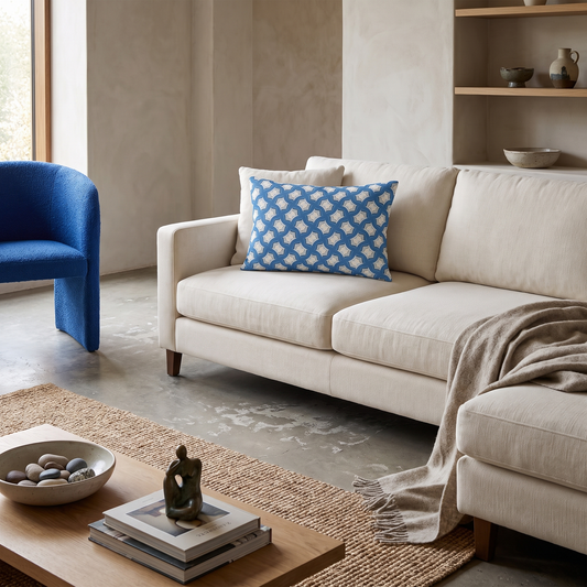 Modern Blue Geometric Tile lumbar pillow in a styled room