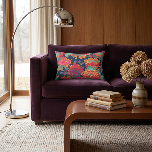Psychedelic Flower Power lumbar pillow in a styled room