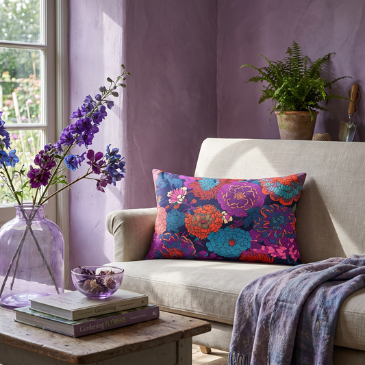 Purple Flower Parade lumbar pillow in a styled room