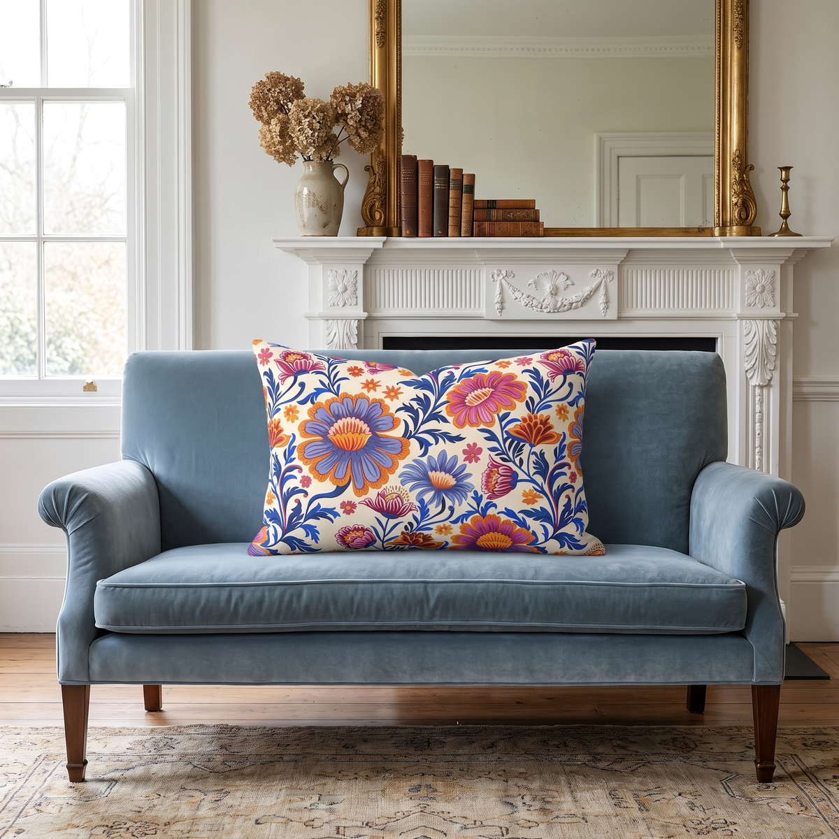Regal Blossom lumbar pillow in a styled room