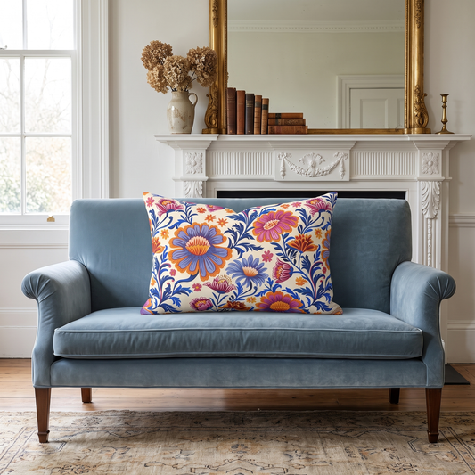 Regal Blossom lumbar pillow in a styled room