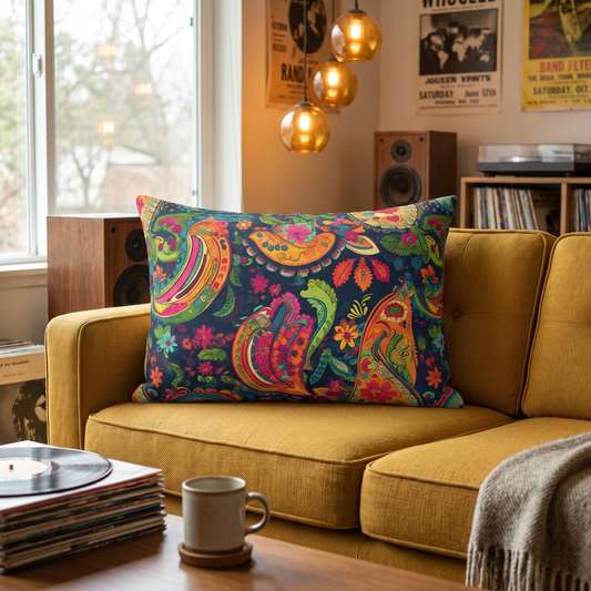 Psychedelic Paisley Party lumbar pillow in a styled room