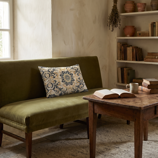 Renaissance Reverie lumbar pillow in a styled room