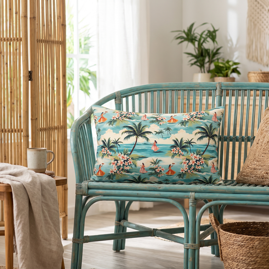 Retro Hawaiian Hula lumbar pillow in a styled room