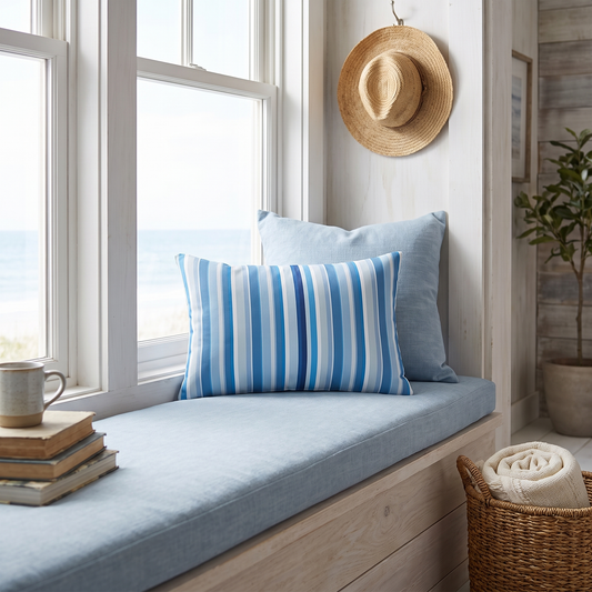 Shades of Light Blue Stripes lumbar pillow in a styled room