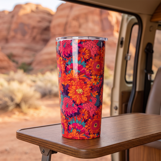 On Fire Flower Power tumbler on a vintage camper-van table