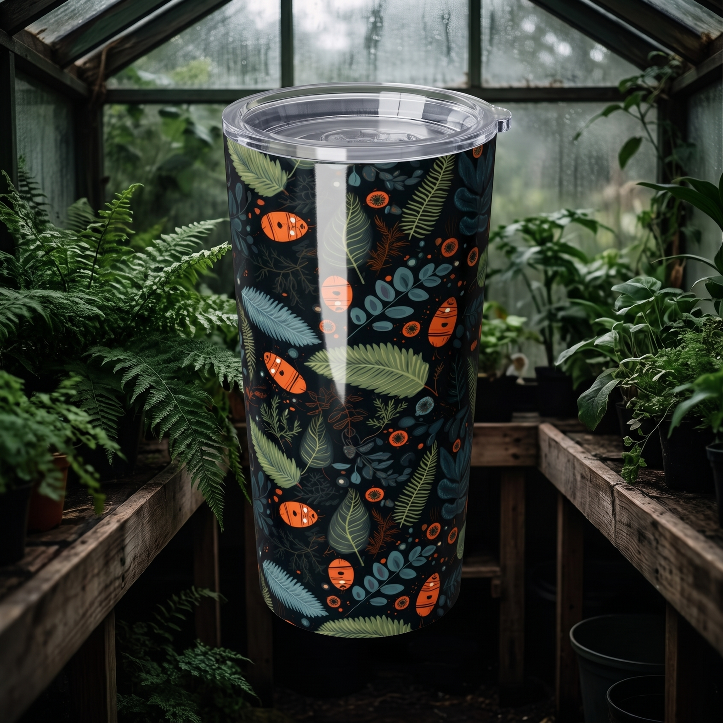 Mysterious Ferns tumbler on a shaded greenhouse bench