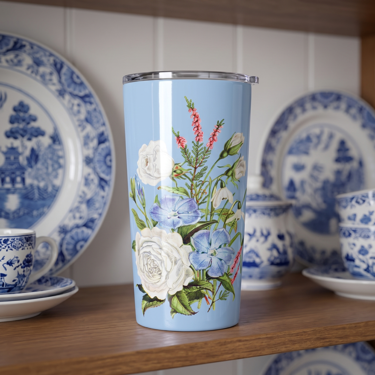 Vintage White & Blue Blossoms Insulated Tumbler - 20 oz. Stainless Steel, Glossy Finish