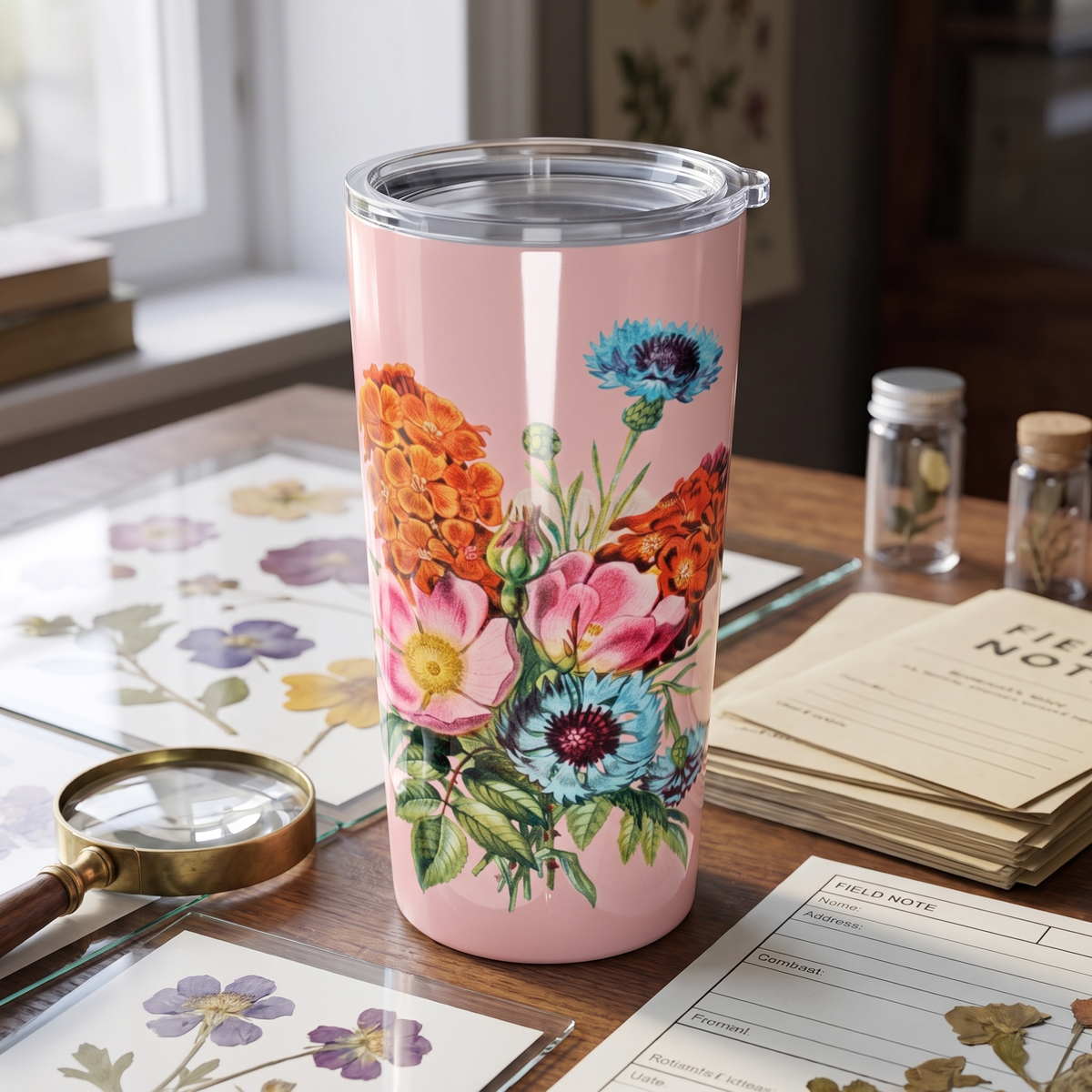 Vintage Botanical Floral Insulated Tumbler - 20 oz. Stainless Steel, Glossy Finish