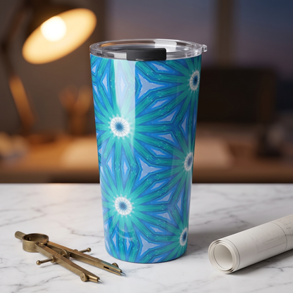 Sapphire Nebula insulated tumbler on an architect's desk at blue hour