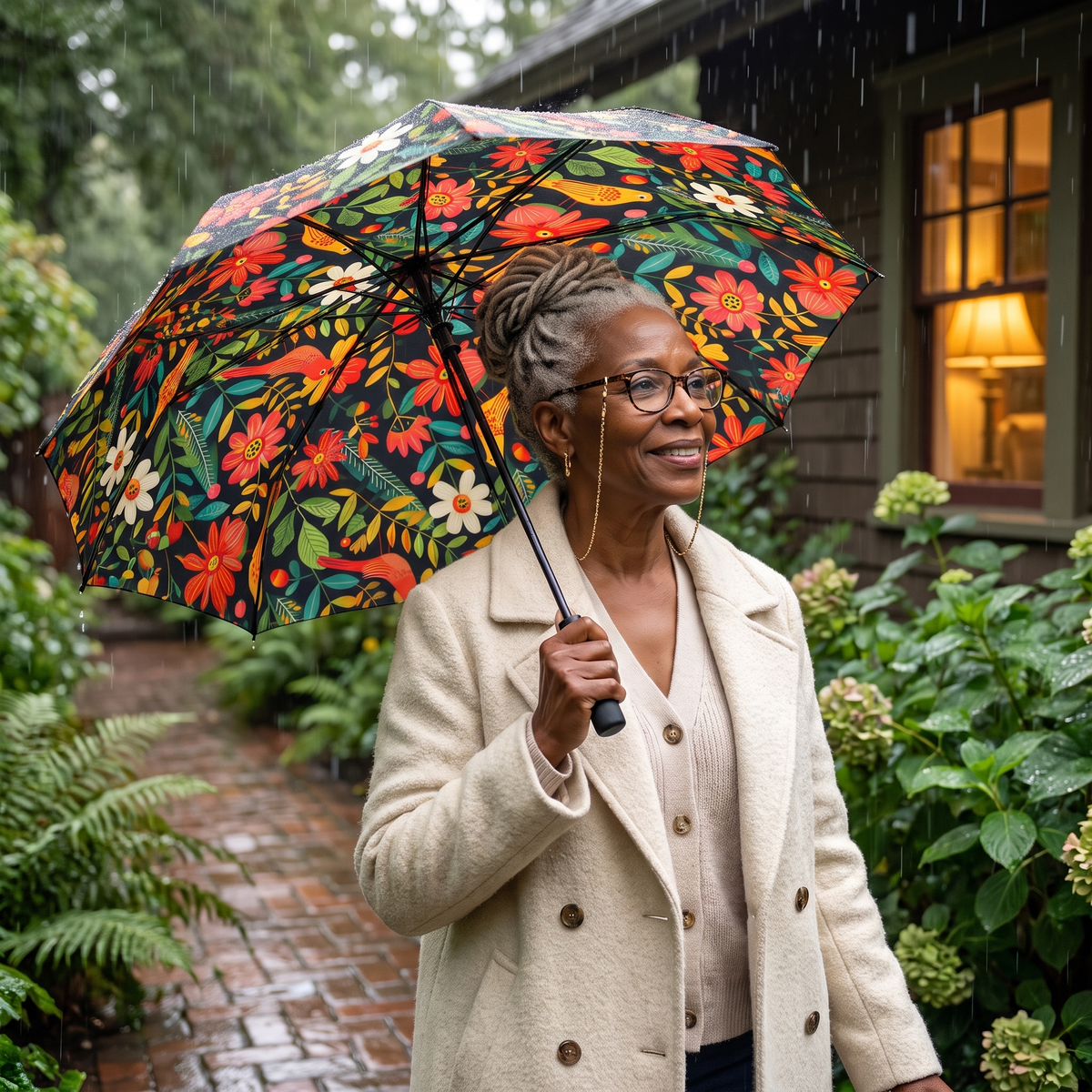 A woman in her sixties with silver locs strolls a rainy craftsman garden path under the open Blooming Bird Wonderland umbrella