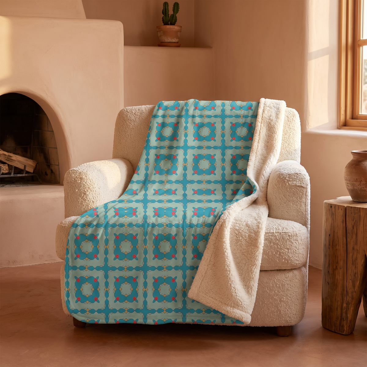 Southwestern Quilt Charm sherpa fleece blanket draped over an armchair in a sunlit adobe living room