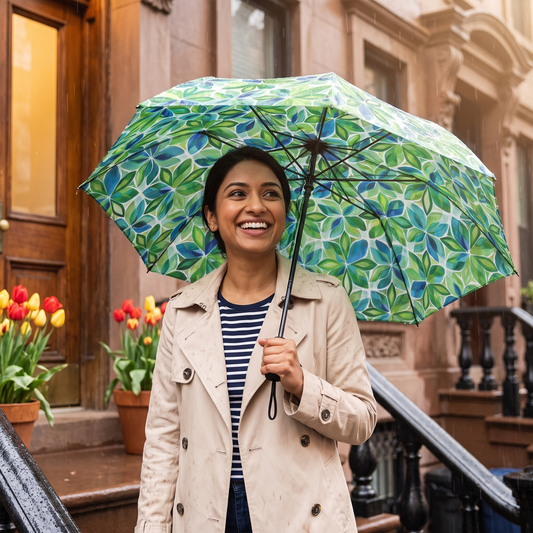 A young woman in a trench coat smiles on her apartment stoop in a spring shower under the open Spring Geo Flowers umbrella
