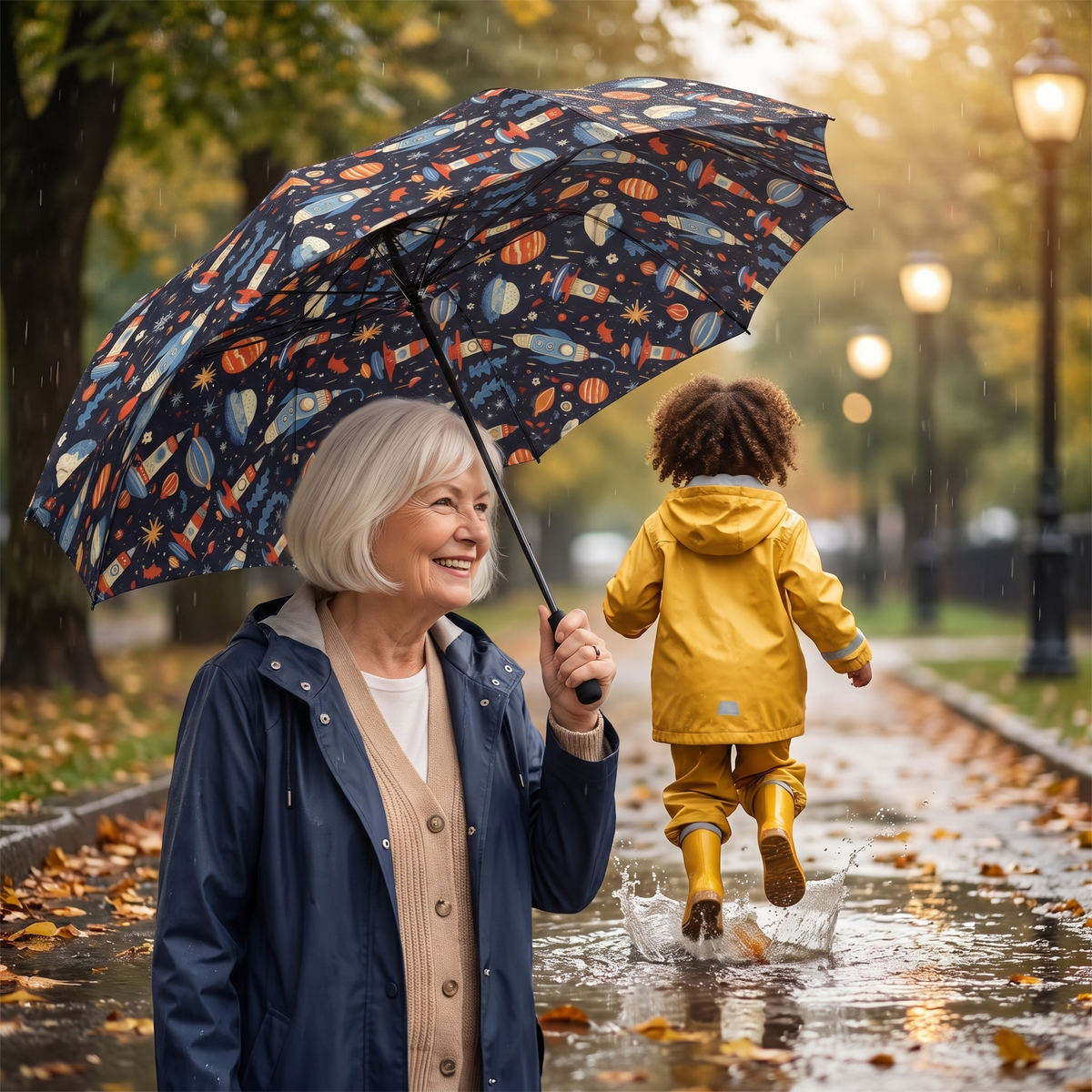 A grandmother with a white bob walks a puddle-jumping grandchild home under the open Galactic Space Rocket Romp umbrella