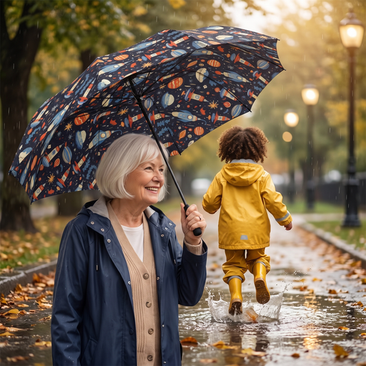 A grandmother with a white bob walks a puddle-jumping grandchild home under the open Galactic Space Rocket Romp umbrella