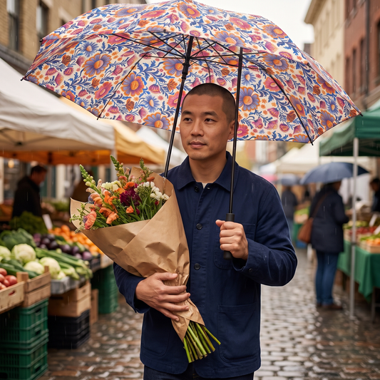 A man carrying market flowers strolls a farmers-market street in light rain under the open Regal Blossom umbrella