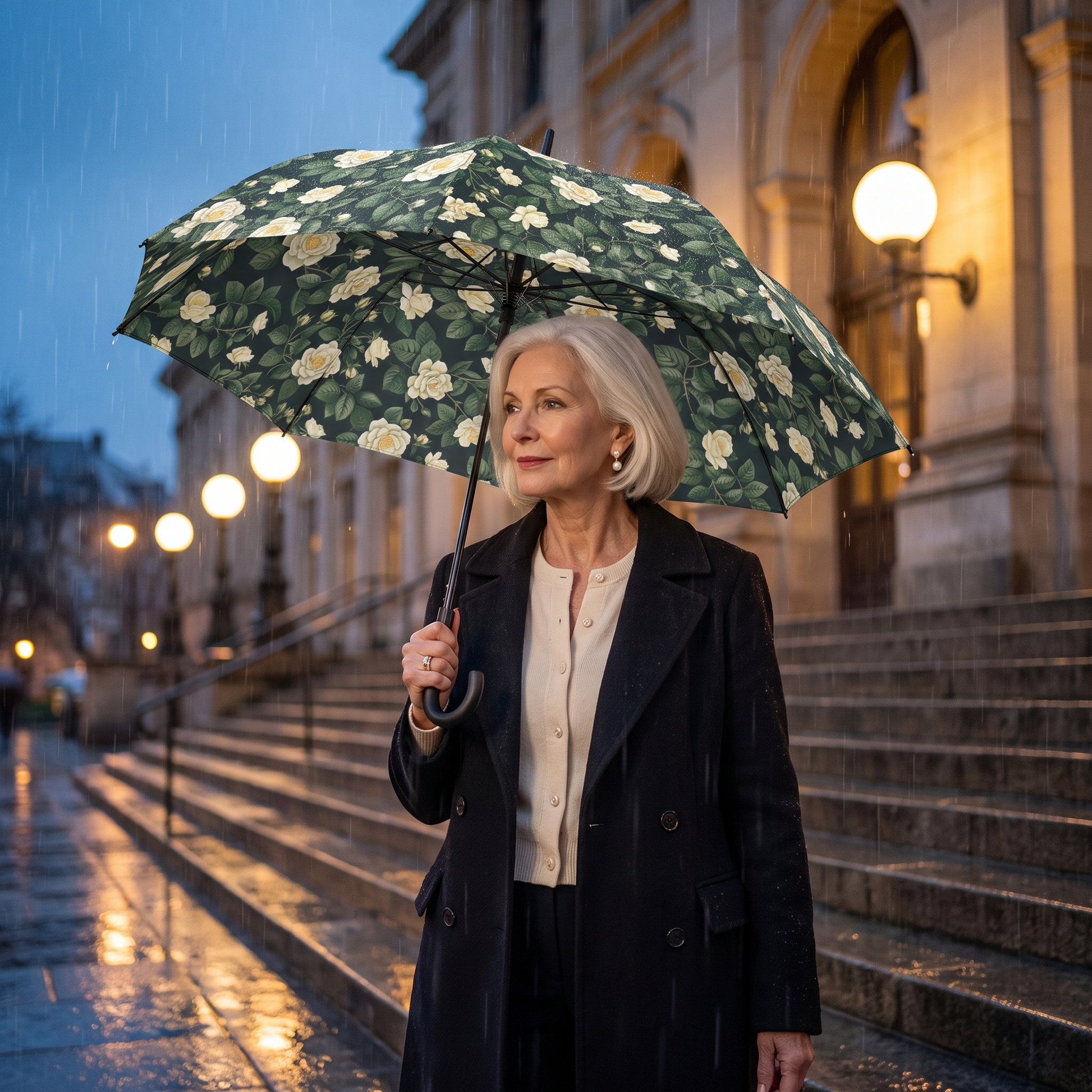 An elegant woman in her seventies descends rain-lit concert-hall steps under the open White Roses on Black umbrella