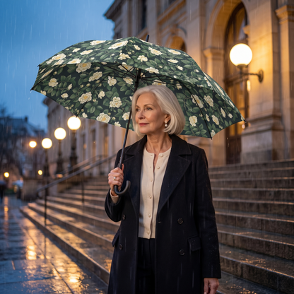 An elegant woman in her seventies descends rain-lit concert-hall steps under the open White Roses on Black umbrella
