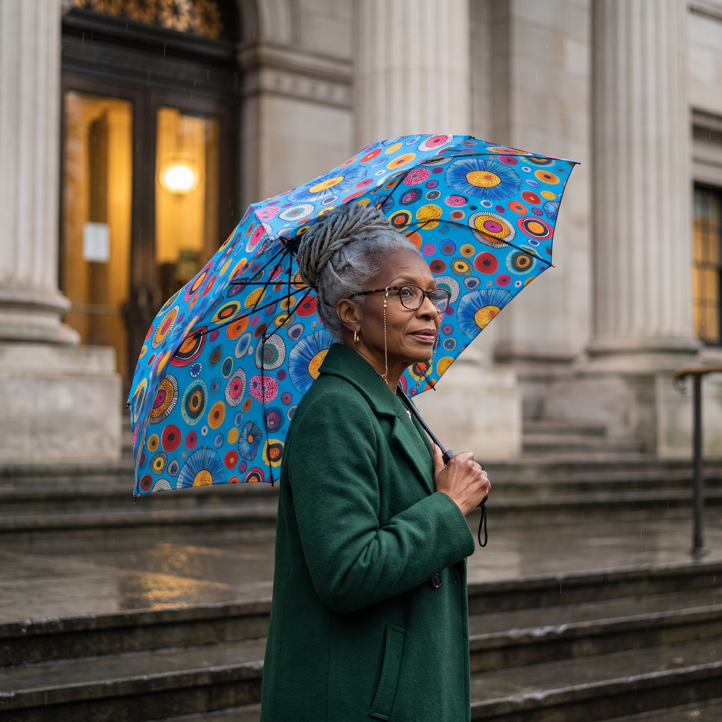 A woman with silver locs pauses on museum steps in soft rain under the open Primordial Sea Life umbrella