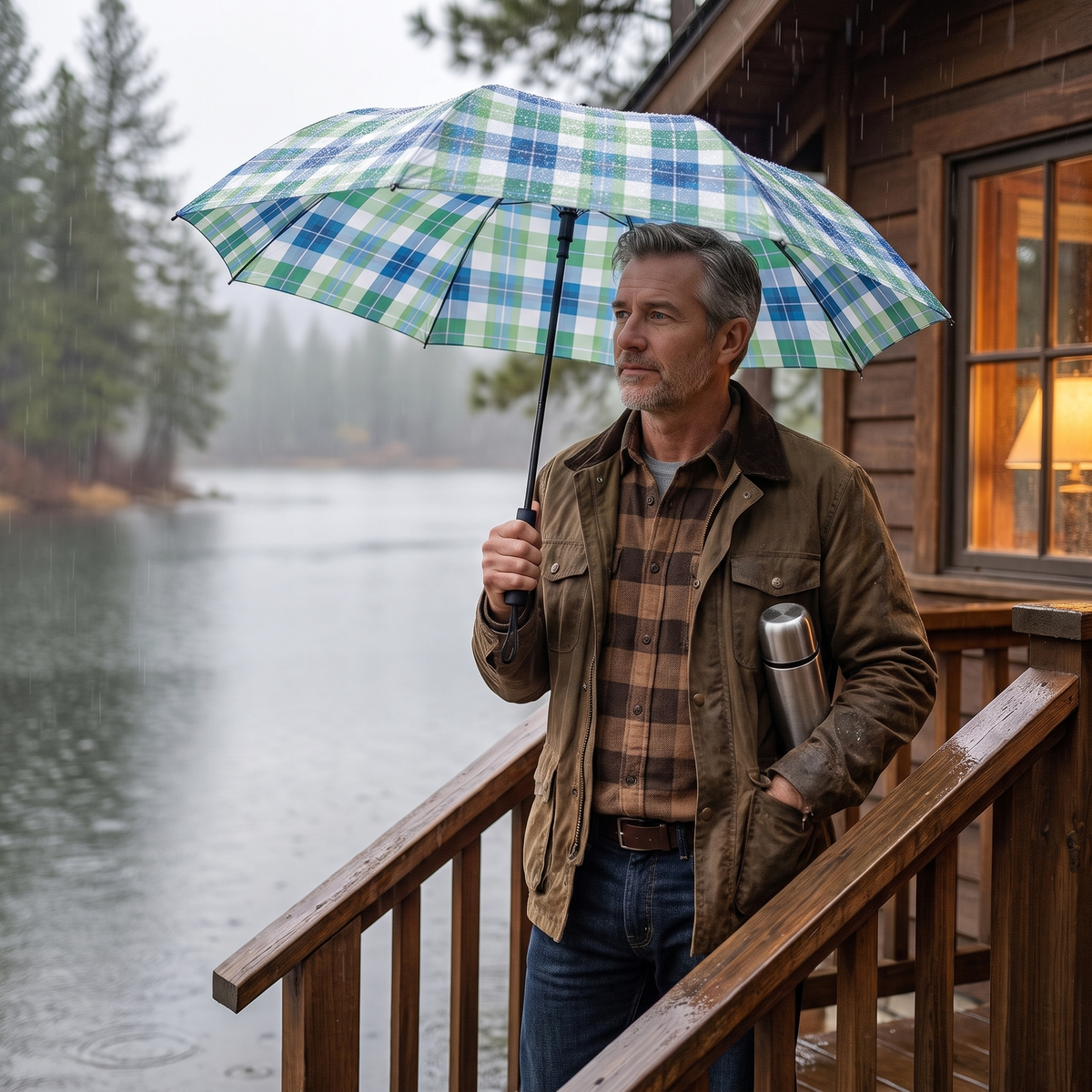 A man in flannel stands on a lakeside cabin porch in gentle rain under the open Spring Zest Plaid umbrella