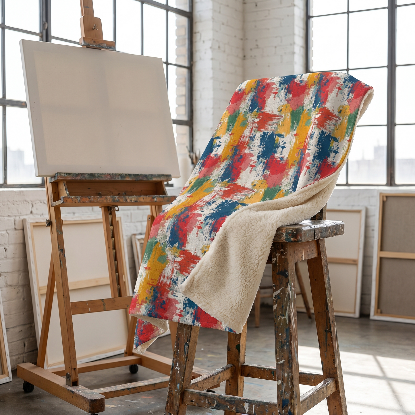 Paint Splash Palette sherpa fleece blanket on an artist's stool in a bright loft studio