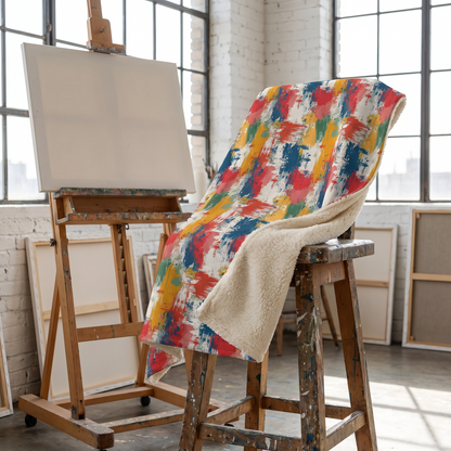 Paint Splash Palette sherpa fleece blanket on an artist's stool in a bright loft studio