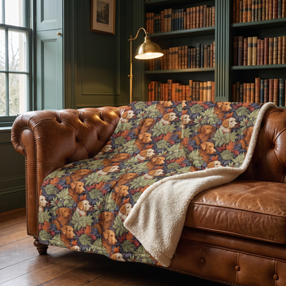 Classic English Dog Tapestry sherpa fleece blanket on a leather chesterfield in an English library