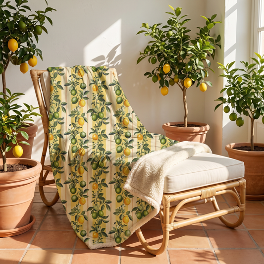 Lemon Lime Lush sherpa fleece blanket on a rattan chaise in a Mediterranean sunroom with citrus trees