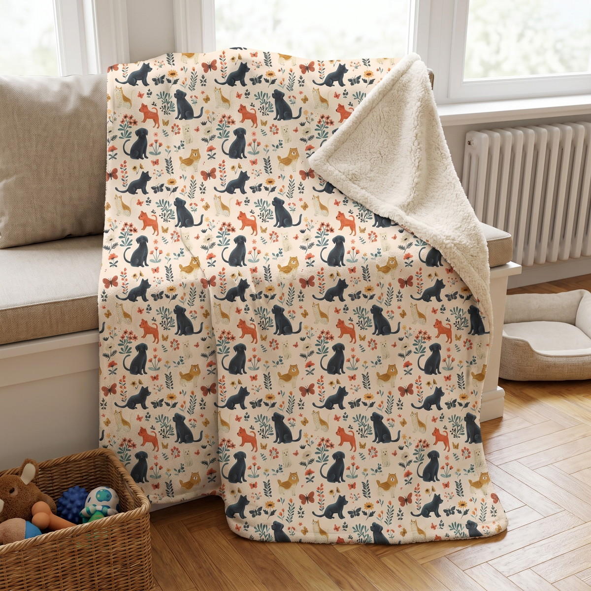 Cats & Dogs sherpa fleece blanket on a window seat in a cheerful family den
