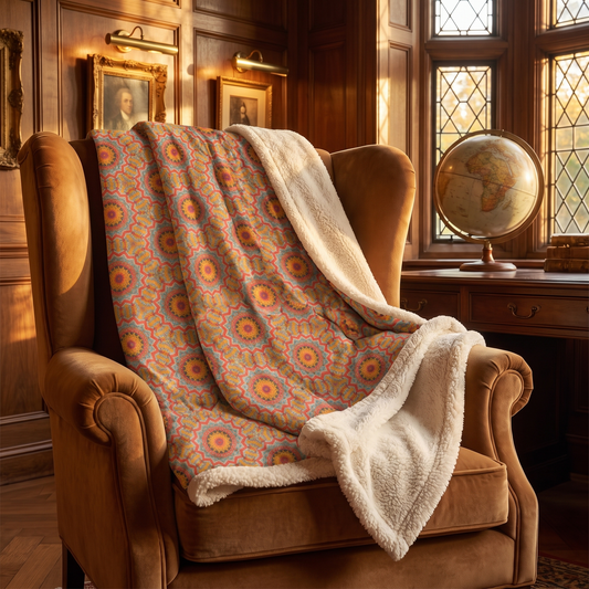 Golden Radiance sherpa fleece blanket on a caramel velvet wingback in an amber-lit study