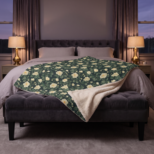 White Roses at Dusk sherpa fleece blanket on a charcoal velvet bench in evening lamplight