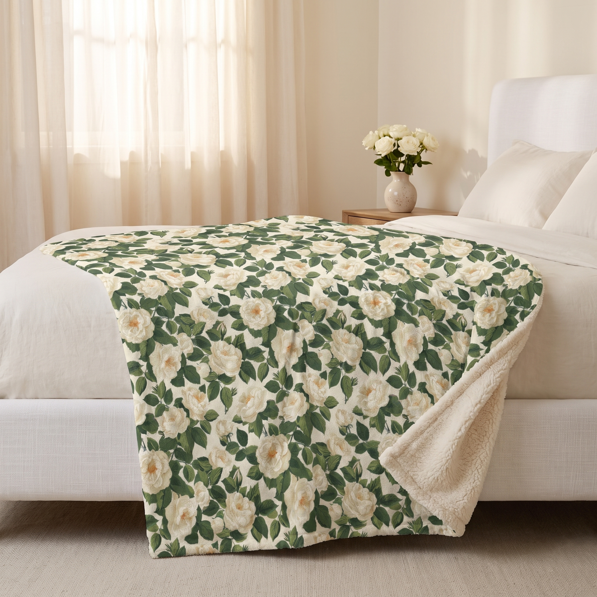 White Roses at Dawn sherpa fleece blanket at the foot of a linen bed in first light
