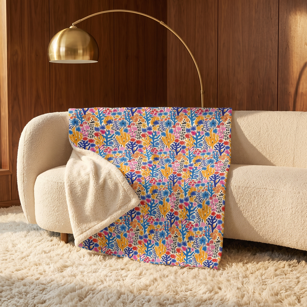 Coral Bloom Harmony sherpa fleece blanket on a cream boucle sofa in a 1970s lounge