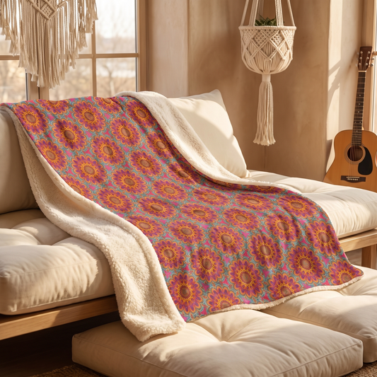 Bohemian Floral Medley sherpa fleece blanket on a low daybed in a bohemian studio