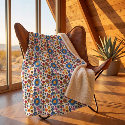 Primordial Desert Life sherpa fleece blanket on a butterfly chair in a mid-century desert A-frame at golden hour