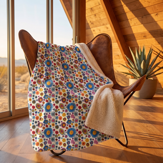 Primordial Desert Life sherpa fleece blanket on a butterfly chair in a mid-century desert A-frame at golden hour