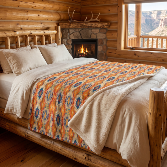 Canyon Mosaic sherpa fleece blanket on a log-frame bed in a rustic canyon ranch bedroom