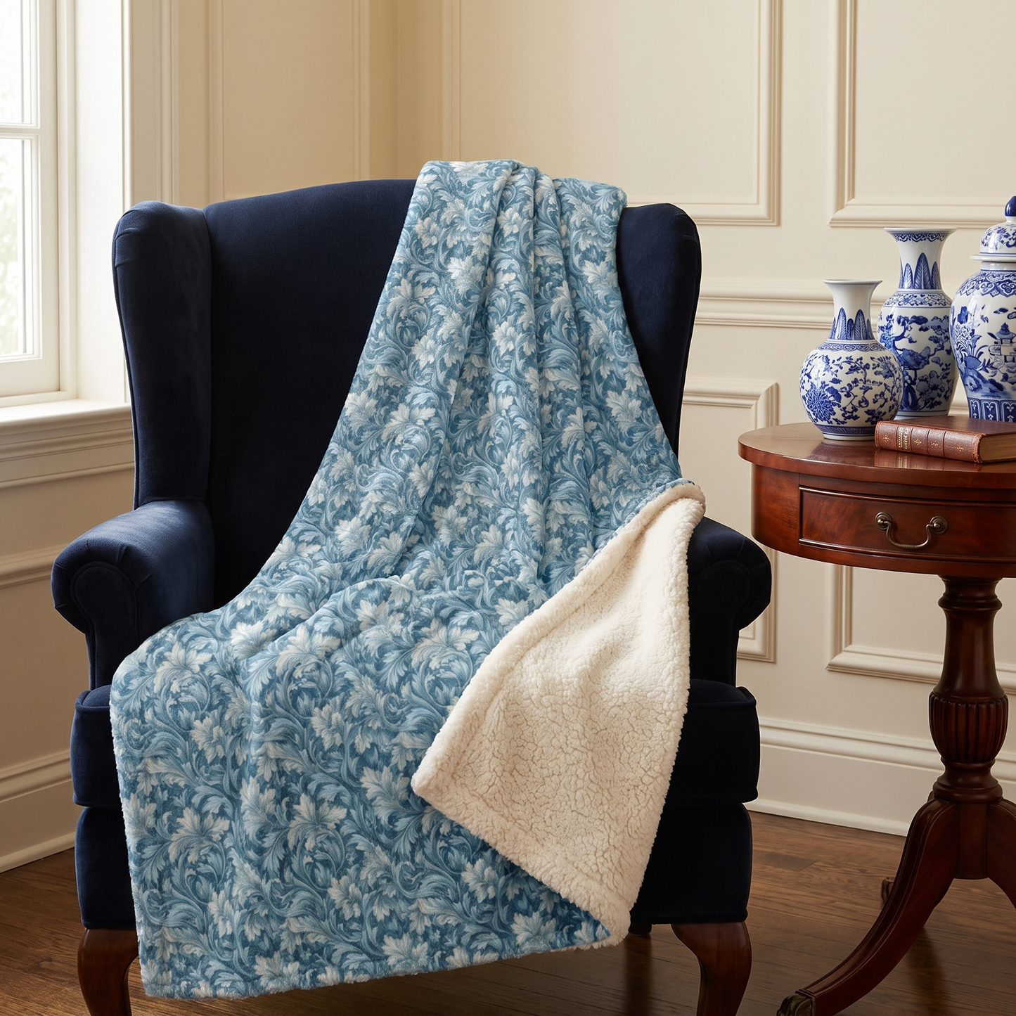 Soft Blue Leaf Tapestry sherpa fleece blanket on a navy wingback in a traditional study