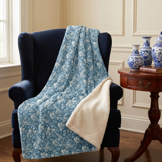 Soft Blue Leaf Tapestry sherpa fleece blanket on a navy wingback in a traditional study