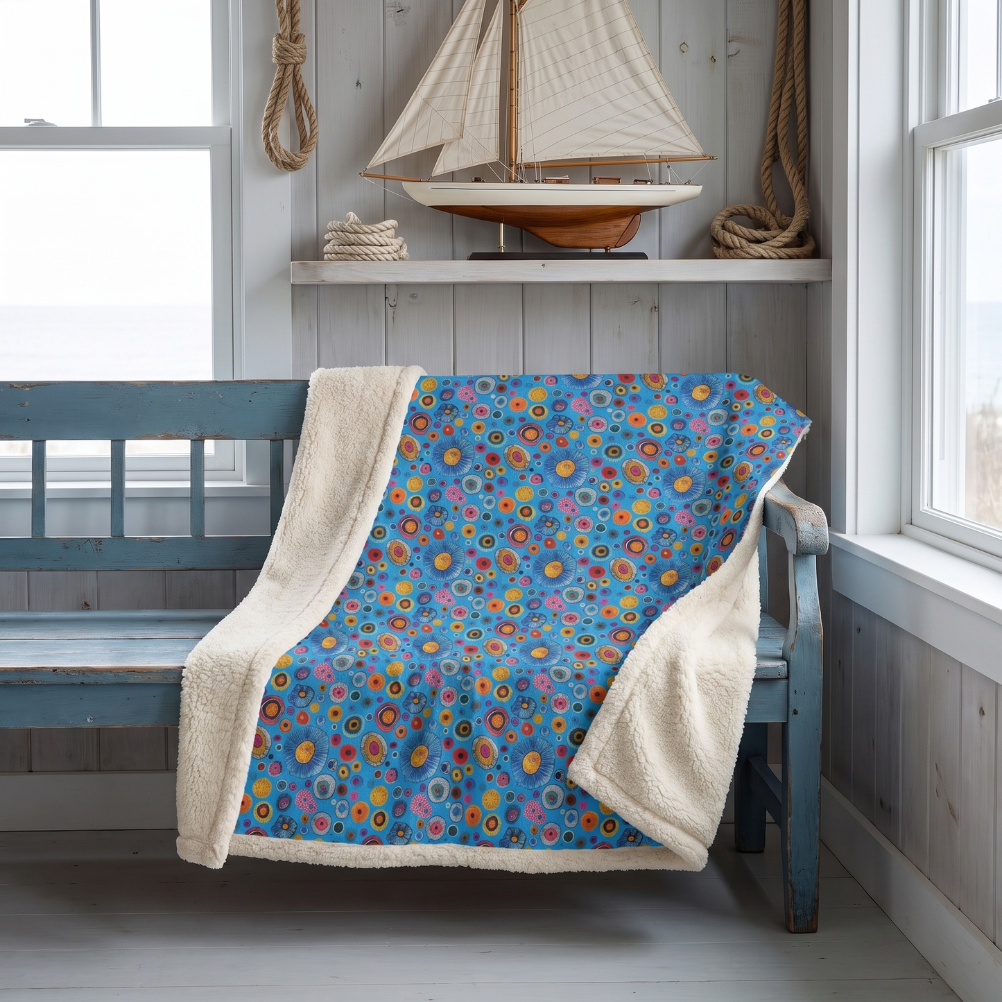 Primordial Sea Life sherpa fleece blanket on a weathered blue bench in a seaside cottage den