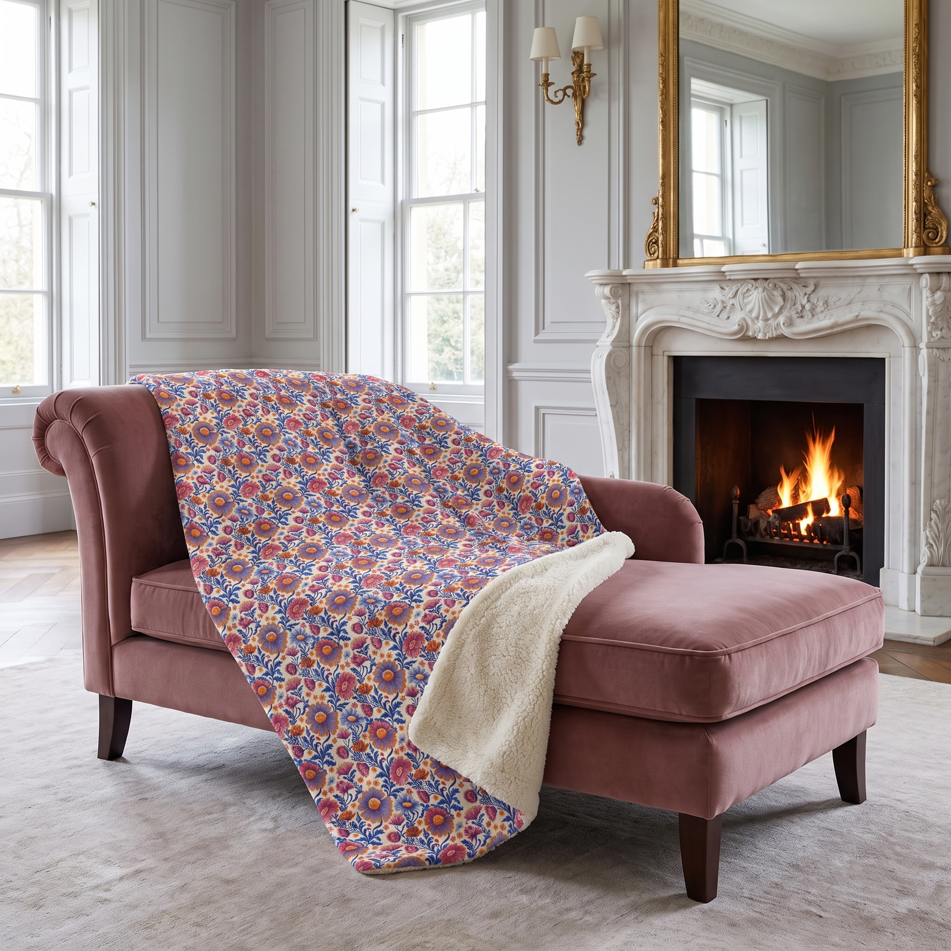 Regal Blossom sherpa fleece blanket on a dusty-rose chaise in a stately drawing room